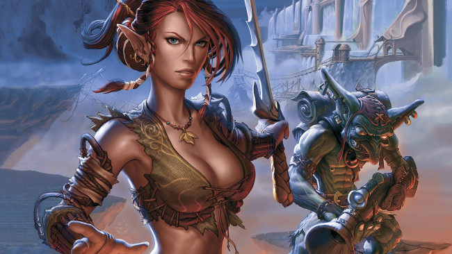 Обои картинки фото видео игры, silverfall, девушка, эльф, оружие, гоблин, стена