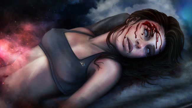 Обои картинки фото видео игры, mass effect, девушка, фон, взгляд, кровь