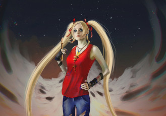 Картинка рисованное люди девушка хвостики майка джинсы