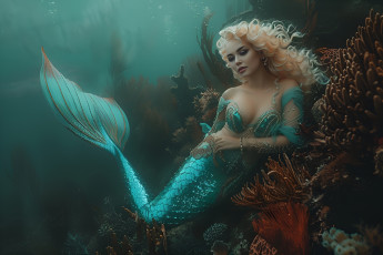 Картинка бестия 3д+графика фантазия+ fantasy цифровое искусство волосы ии-арт подводный мир хвост нейросеть искусственного интеллекта коралл блондинка девушка русалка