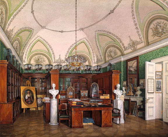 Обои картинки фото рисованное, эдуард гау, дворец, интерьер, комната, лепнина, люстра, шкафы, фигурки, статуи, стол, книги, картина