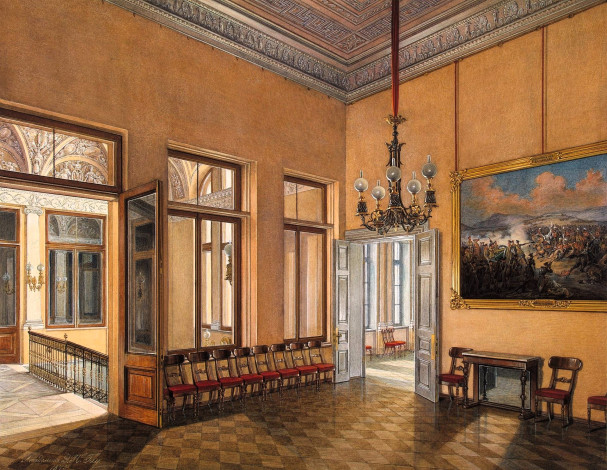 Обои картинки фото рисованное, эдуард гау, дворец, интерьер, зал, двери, люстра, стулья, окна, картина, лепнина