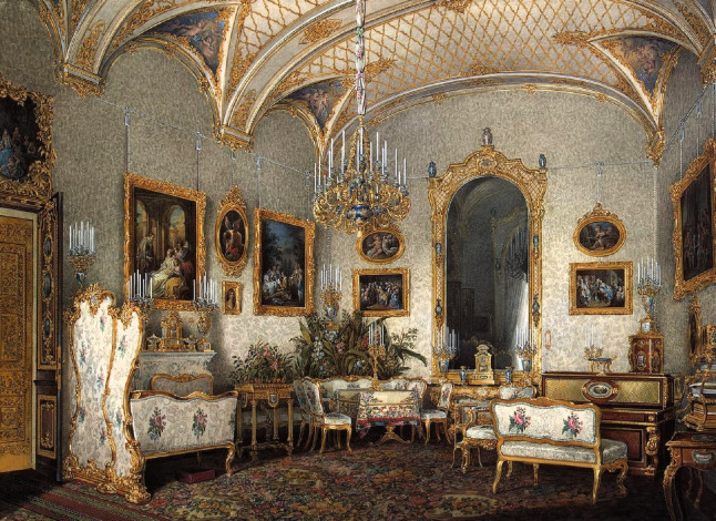 Обои картинки фото рисованное, эдуард гау, дворец, интерьер, комната, свод, лепнина, люстра, диваны, ковер, картины