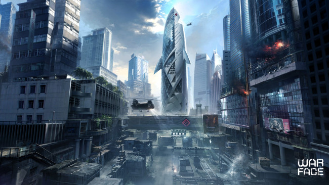 Обои картинки фото видео игры, warface, город, дома, башня, вертолеты, склады