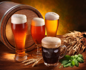 Картинка еда напитки пиво бочка кружка бокалы пена хмель колосья