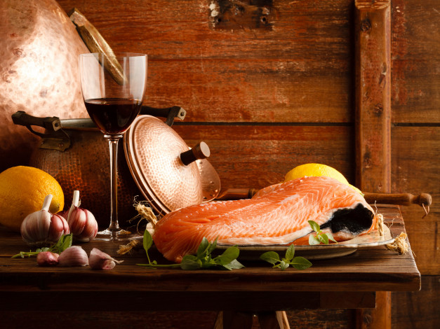 Обои картинки фото еда, натюрморт, лимон, чеснок, лосось