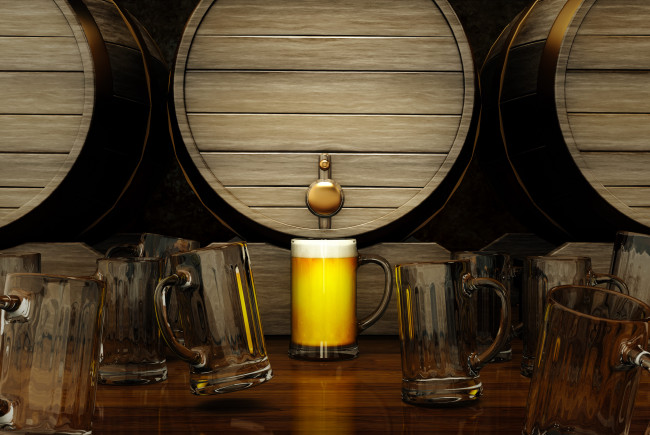 Обои картинки фото еда, напитки, пиво, кружки, бочки