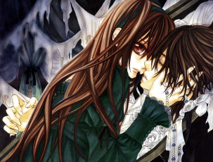 Картинка аниме vampire+knight yuuki cross kuran kaname девушка мужчина бусы шторы