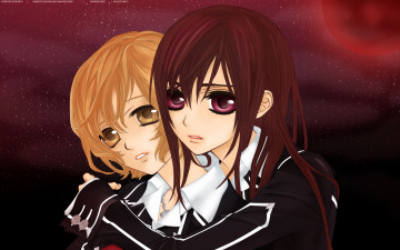 Картинка аниме vampire+knight yuuki cross sayori wakaba девушки красная луна небо звезды объятия