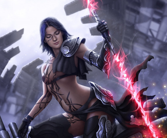Обои картинки фото фэнтези, _star wars, tattoo, laser, sword, sci-fi, девушка, star, wars, татуировки, грудь, арт