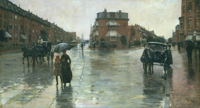 Обои картинки фото rainy day boston, рисованное, frederick childe hassam, экипажи, улица, люди, город, здания, дома, дождь