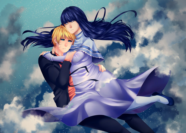 Обои картинки фото разное, арты, арт, девушка, хината, наруто, романтика, объятия