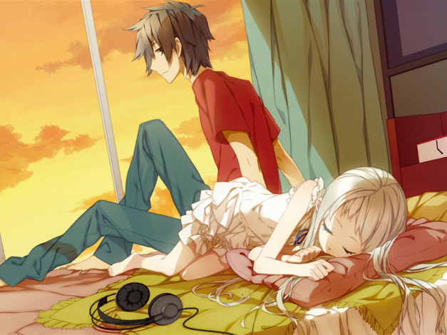 Обои картинки фото аниме, anohana, honma, jinta, джинта, мейко, дзинта, earphones, хонма, менма, невиданный, цветок, yadomi, эти, цветы, leader, jintan, Ядоми, мэнма