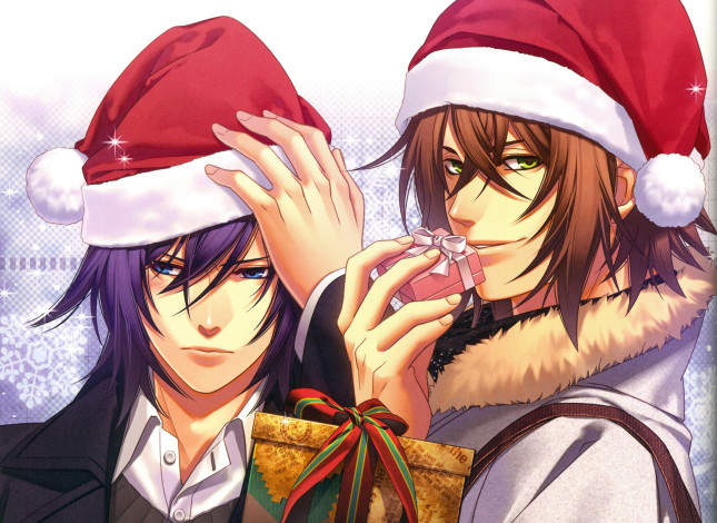 Обои картинки фото аниме, hakuouki, парни, школа, колпаки, новый, год, рождество
