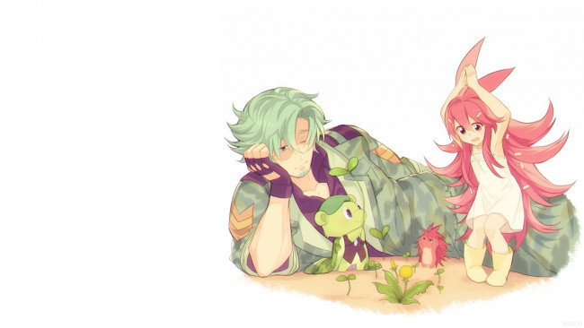 Обои картинки фото аниме, unknown,  другое, весёлые, лесные, друзья, минимализм, ёжик, лес, одуванчик, парень, девочка, настроение, flippy, flaky, happy, tree, friends