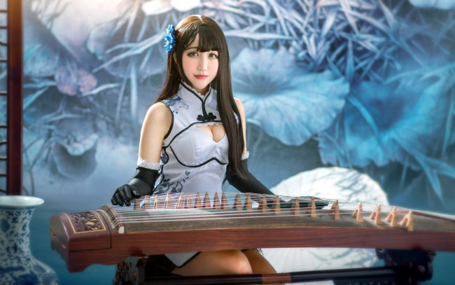 Обои картинки фото девушки, - азиатки, декольте, заколка, перчатки