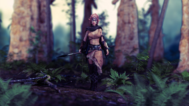 Обои картинки фото 3д графика, эльфы , elves, девушка, фон, взгляд, лес, копьё