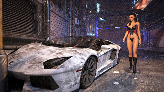 Обои картинки фото 3д графика, люди-авто, мото , people- car ,  moto, девушка, фон, купальник, улица, автомобиль