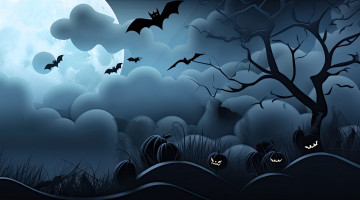 Картинка рисованное праздники хэллоуин тыквы тучи дерево летучие мыши