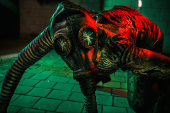 Картинка девушки алиса+арефьева образ косплей наряд грязь кровь тельняшка снорк противогаз