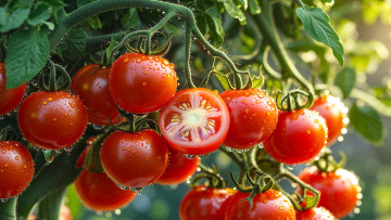 обоя 3д графика, природа , nature, куст, помидоры, макро, капли