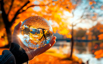 обоя 3д графика, природа , nature, рука, хрустальный, шар, природа, осень, отражение