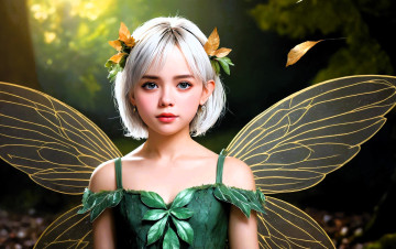 обоя 3д графика, фантазия , fantasy, девушка, фея, крылья, лес