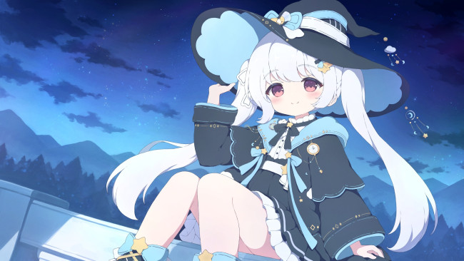 Обои картинки фото аниме, магия,  колдовство,  halloween, небо, шляпа, девочка, ведьмочка, tyakomes