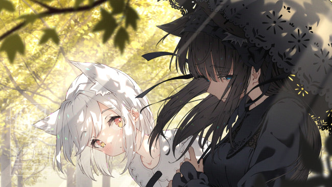 Обои картинки фото hoji, аниме, животные,  существа, девушки