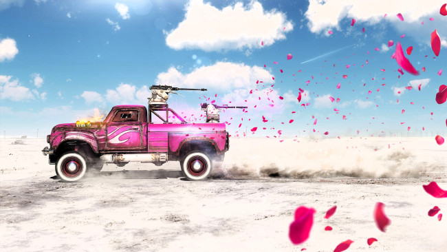 Обои картинки фото видео игры, crossout, машина, пушки, облака, лепестки