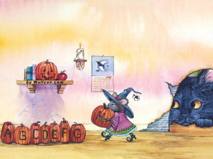 Картинка рисованные животные сказочные мифические мышь кот тыква