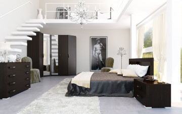 Картинка интерьер спальня кровать окно лестница