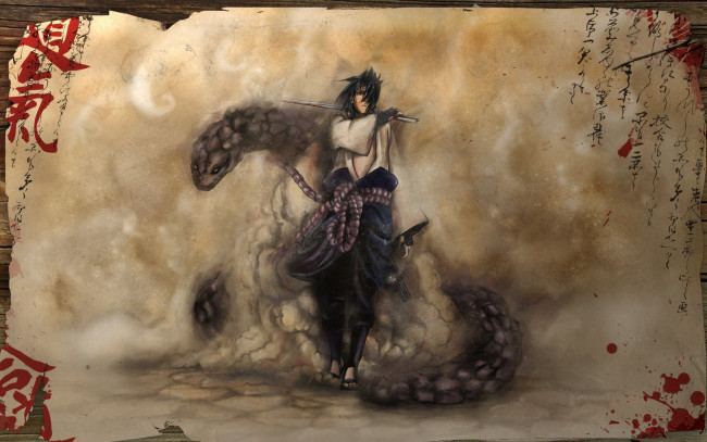 Обои картинки фото аниме, naruto, саске, учиха, змеи, иероглифы, кровь