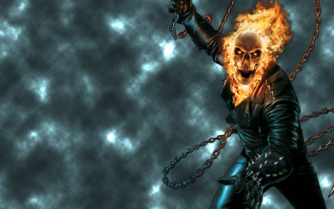 Обои картинки фото призрачный, гонщик, кино, фильмы, ghost, rider, цепь, скелет, череп, огонь