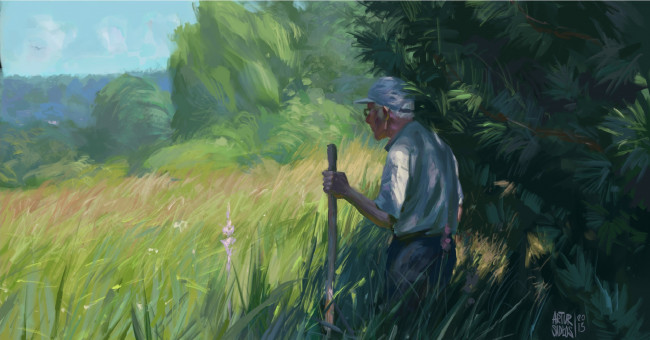Обои картинки фото рисованные, люди, деревья, старик, поле