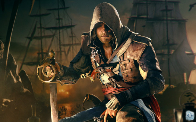 Обои картинки фото assassin`s, creed, iv, black, flag, видео, игры, сабля