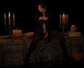 Картинка 3д+графика праздники+ holidays девушка взгляд фон интерьер свечи тыква череп