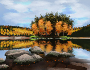 Картинка рисованное природа камни река облака лес