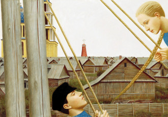 обоя серый август, рисованное, андрей ремнёв, церковь, дома, пара, качели, катание
