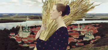 Картинка провинция рисованное андрей+ремнёв профиль колосья город дома здания церковь женщина деревья река