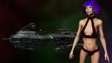 Картинка 3д+графика фантазия+ fantasy космический корабль фон взгляд девушка