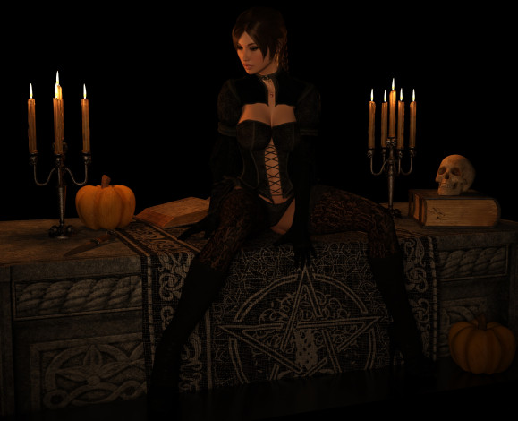 Обои картинки фото 3д графика, праздники , holidays, девушка, взгляд, фон, интерьер, свечи, тыква, череп