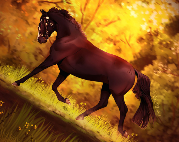 Обои картинки фото рисованное, животные,  лошади, лошадь, фон