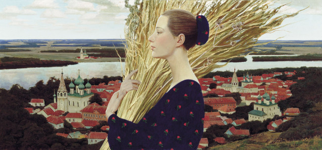 Обои картинки фото провинция, рисованное, андрей ремнёв, профиль, колосья, город, дома, здания, церковь, женщина, деревья, река