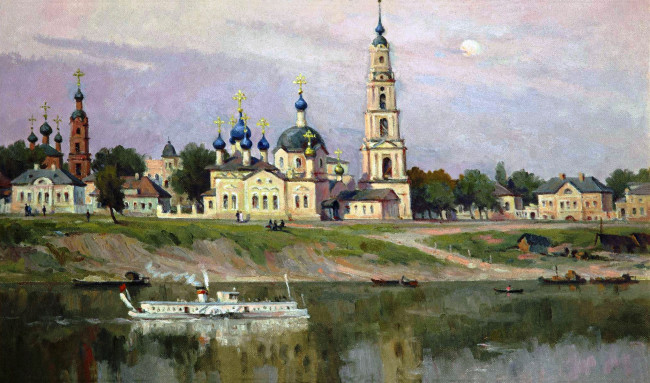 Обои картинки фото калязин до затопления - сотсков геннадий, рисованное, живопись, дома, здания, церковь, лодки, пароход, город, река, берег