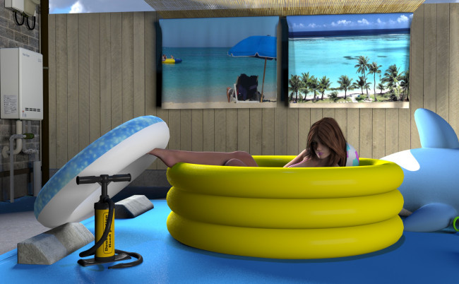 Обои картинки фото 3д графика, люди , people, бассейн, фон, взгляд, девушка