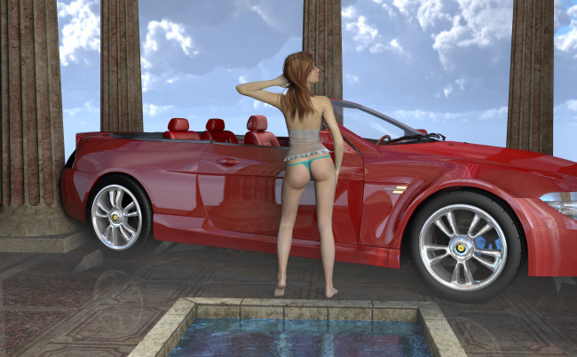 Обои картинки фото автомобили, 3d car&girl, девушка, автомобиль, фон, взгляд