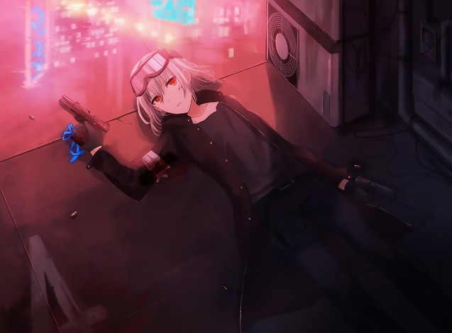 Обои картинки фото аниме, оружие,  техника,  технологии, девушка, фон, взгляд