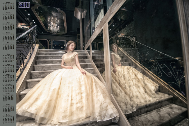 Обои картинки фото календари, девушки, отражение, 2018, ступени