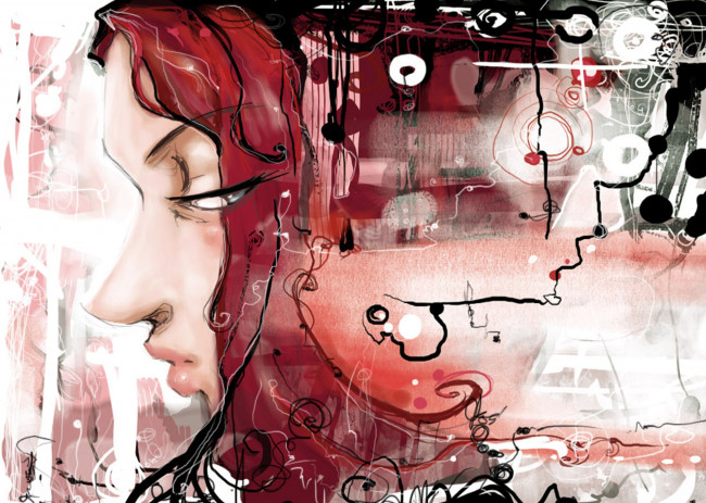 Обои картинки фото рисованное, абстракция, завитки, линии, комната, лицо, девушка